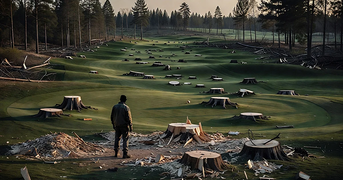 Golf course with numerous tree stumps and silhouetted worker viewing cleared landscape at dusk