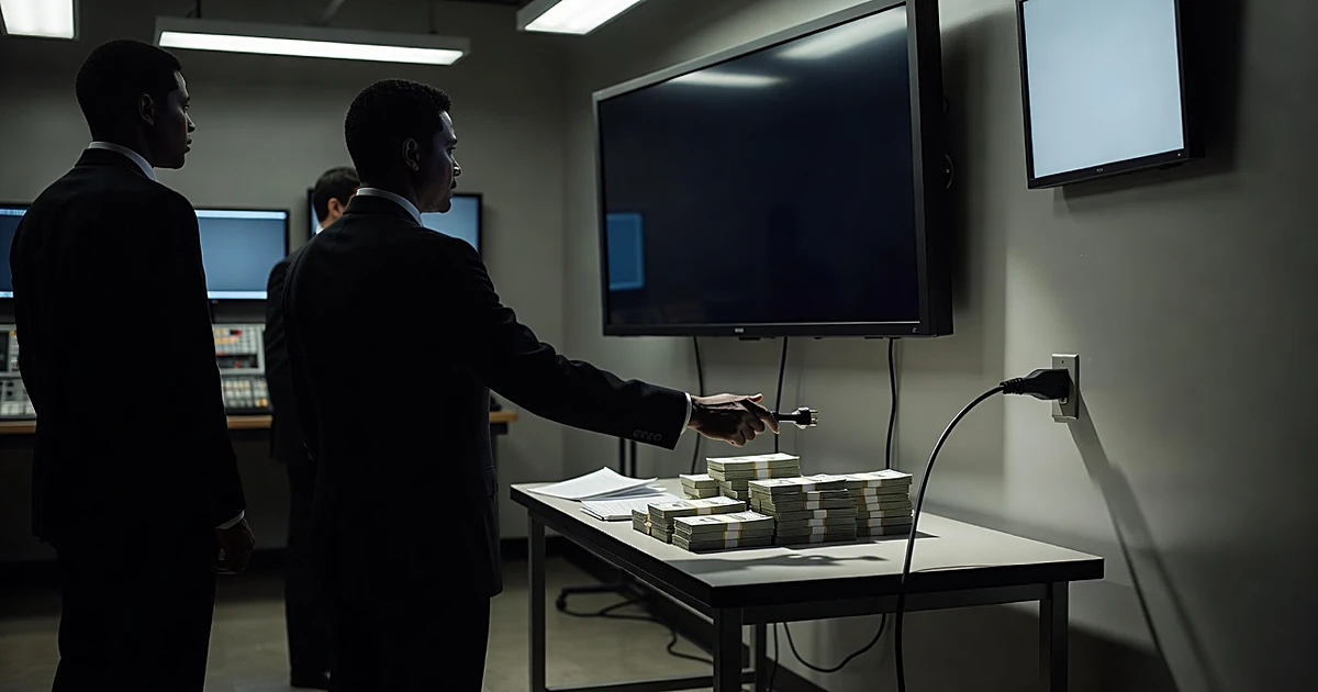 Silhouetted figure unplugging television monitor with stacks of currency on table in studio setting