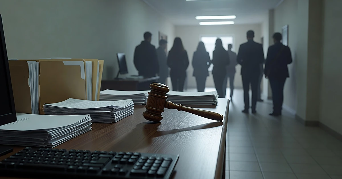Gavel beside blank documents and keyboard with silhouettes of people queuing in background under institutional lighting