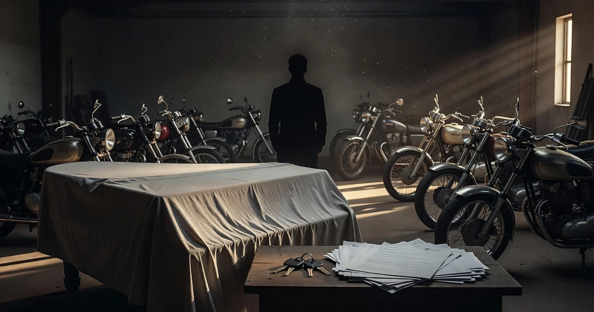 Silhouetted person in garage with motorcycles, covered piano, and abandoned keys on workbench
