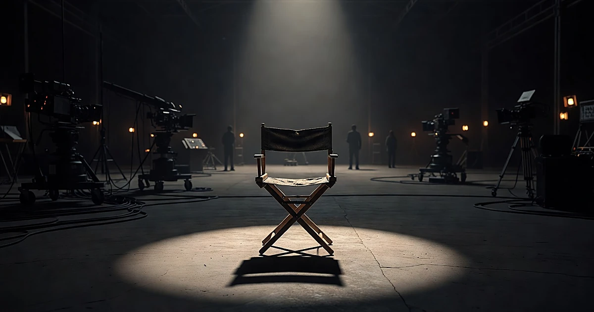 Empty director's chair on dark television soundstage lit by single spotlight with production equipment silhouettes