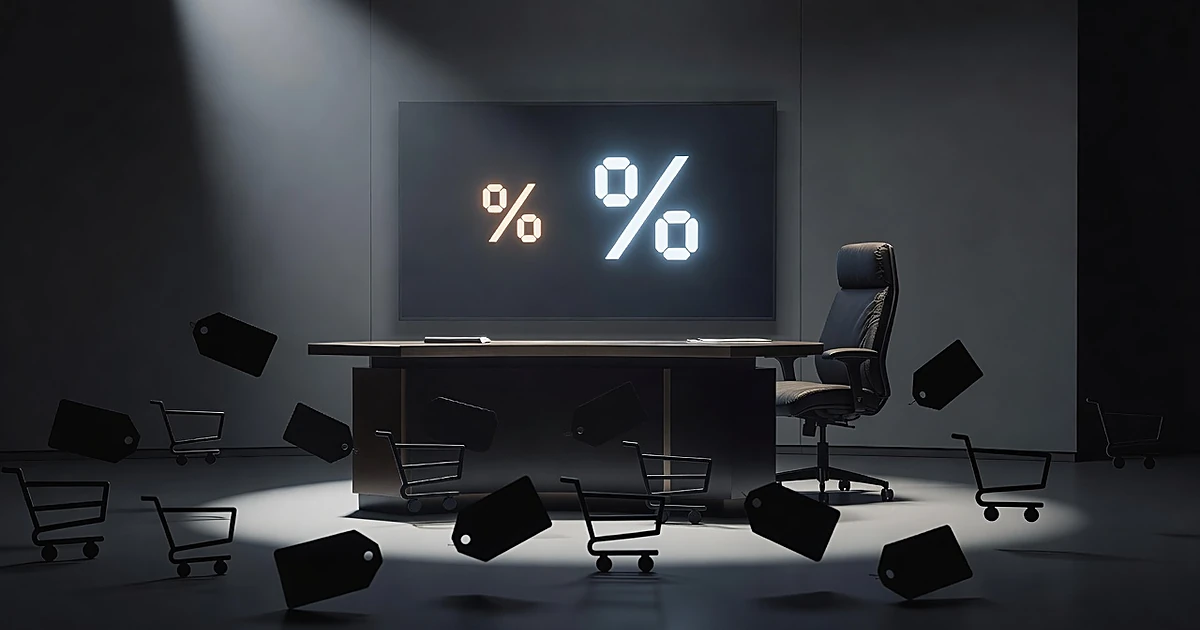 Empty news desk with monitor showing contrasting numerical displays, shopping cart silhouettes in foreground