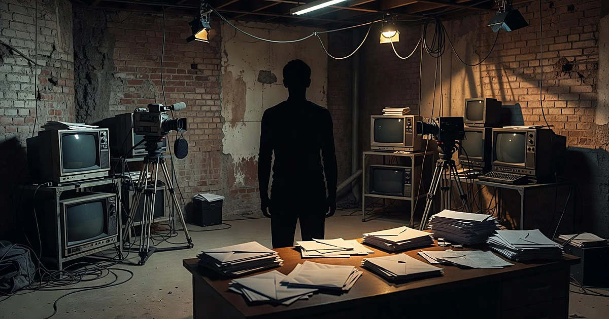 Silhouette in converted basement studio with broadcast equipment and scattered papers on desk