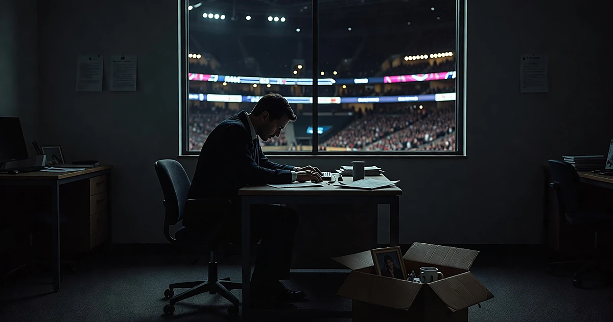Silhouette of person at desk with box in dark office, arena lights glowing through window behind