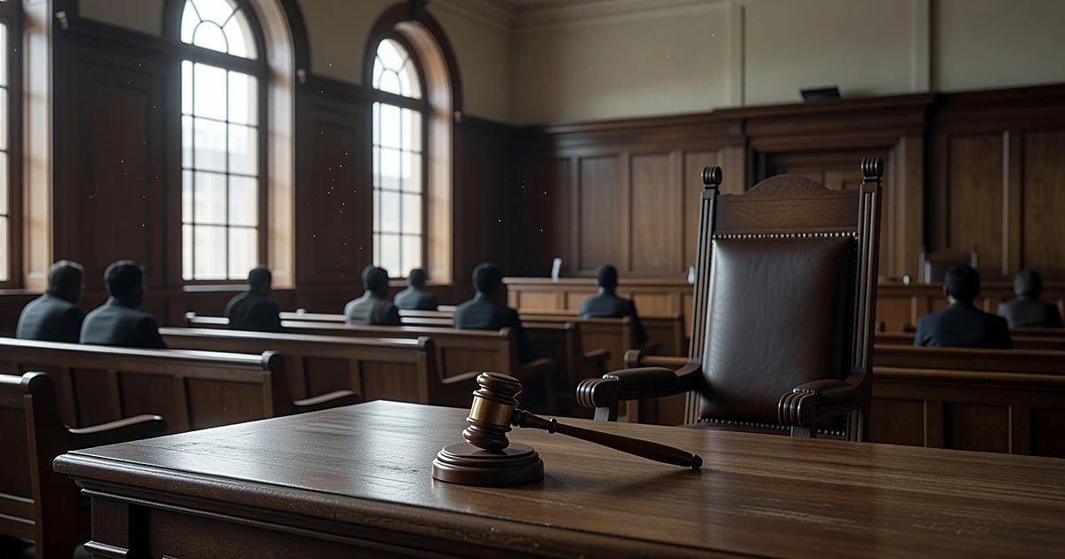 A gavel on a courtroom bench with silhouetted figures seated in gallery rows under soft window light