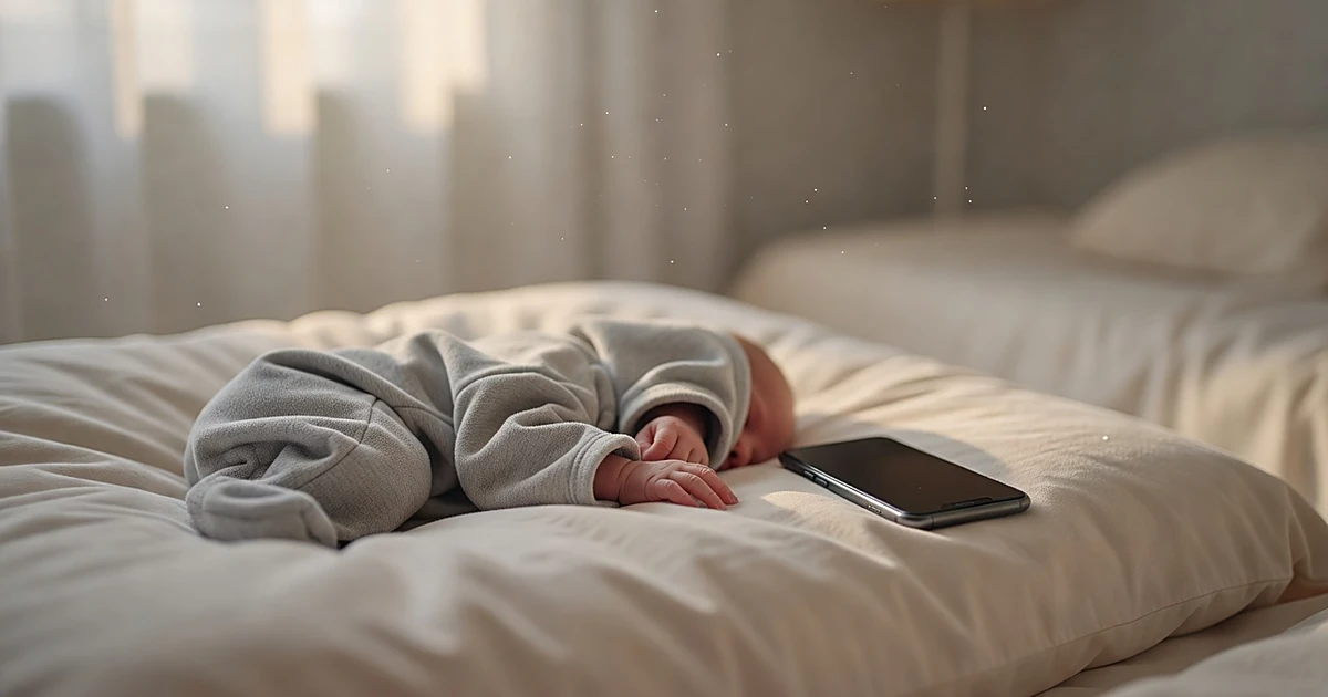 Newborn baby in gray outfit resting on cream bedding in softly lit nursery with smartphone nearby