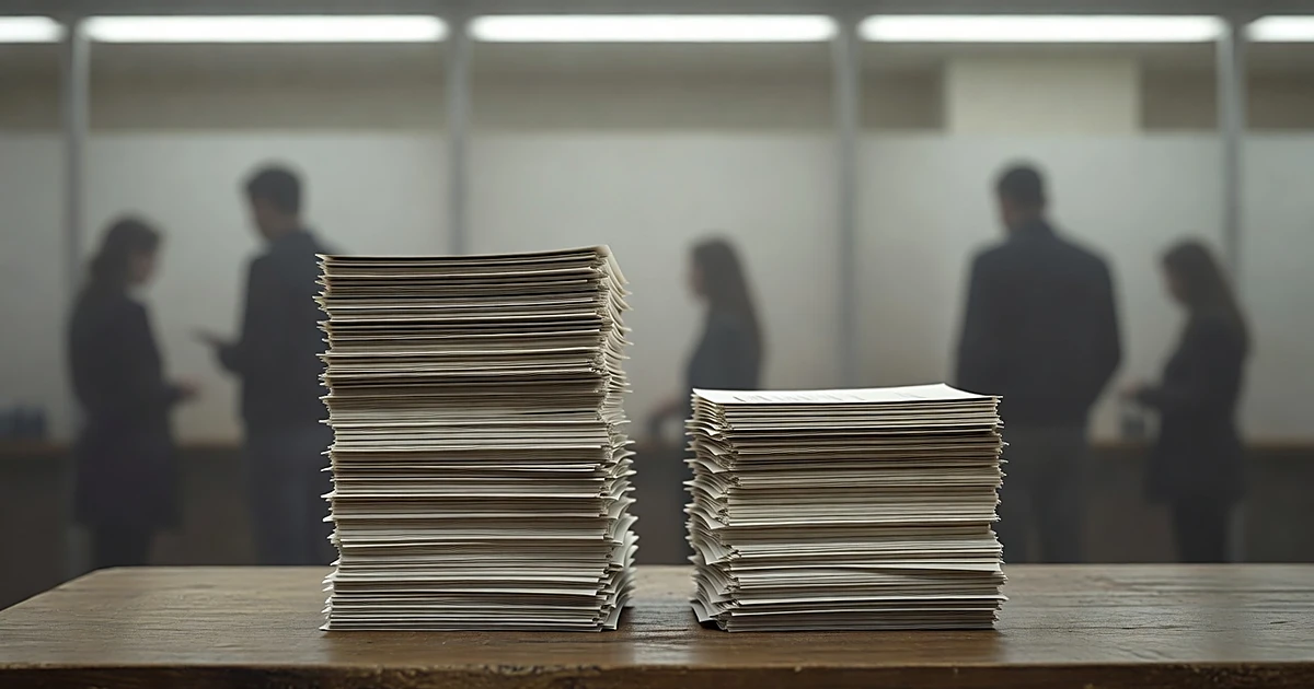 Two stacks of blank ballots on a table, one slightly taller, with silhouetted figures in background