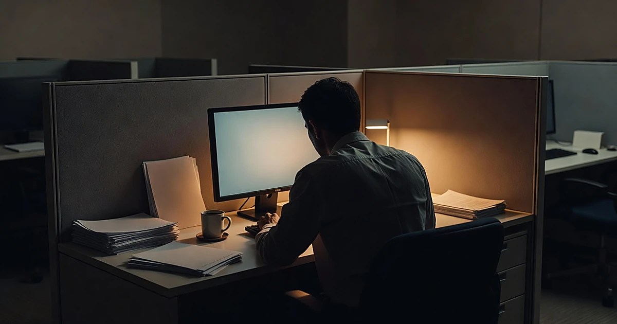 Silhouette of office worker at cubicle desk from behind, surrounded by papers in dim lighting