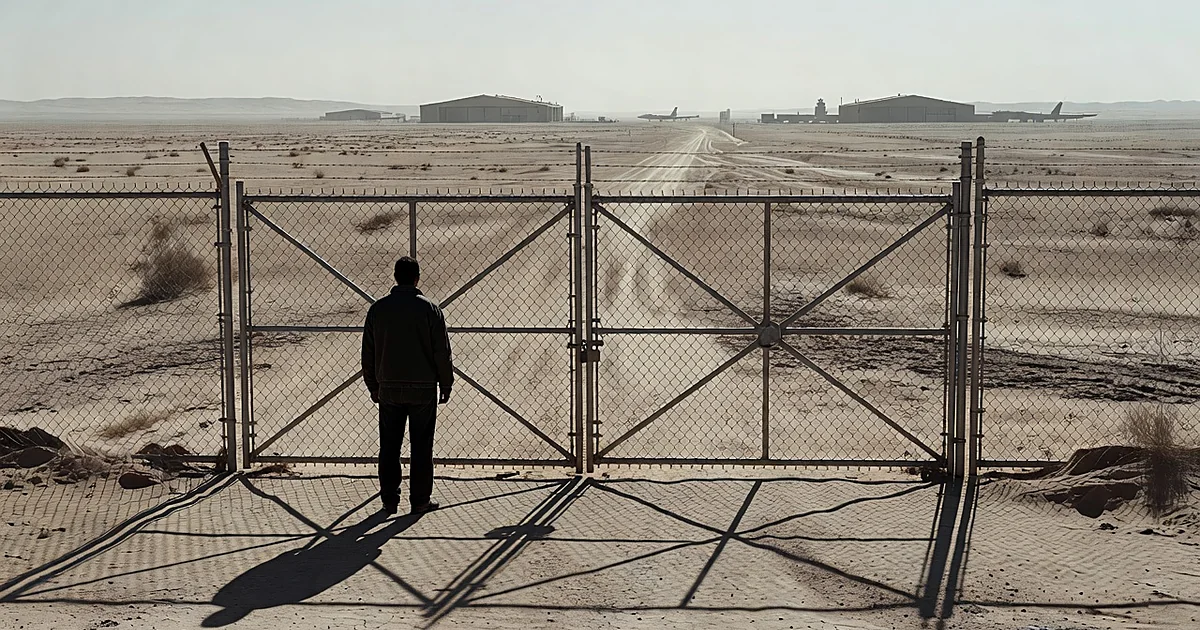 Silhouetted person at closed gate of military airbase with hangars in distance across desert landscape