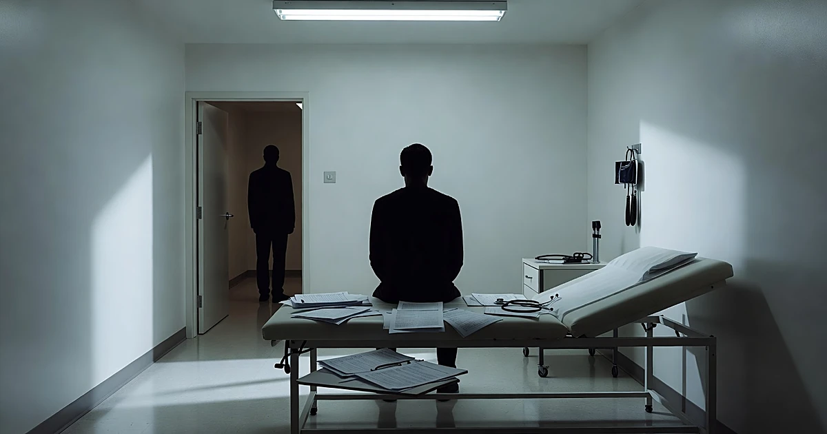 Silhouetted patient sitting alone in clinical exam room as another figure stands in doorway delivering news