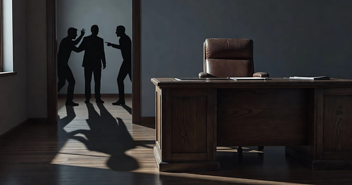 Empty desk in government office with silhouetted figures arguing in distant doorway, creating dramatic shadows