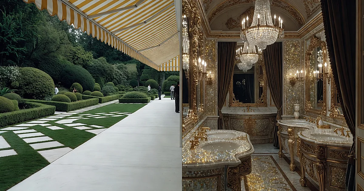 Split scene comparing white concrete garden patio with ornate, glittering bathroom entrance featuring chandeliers
