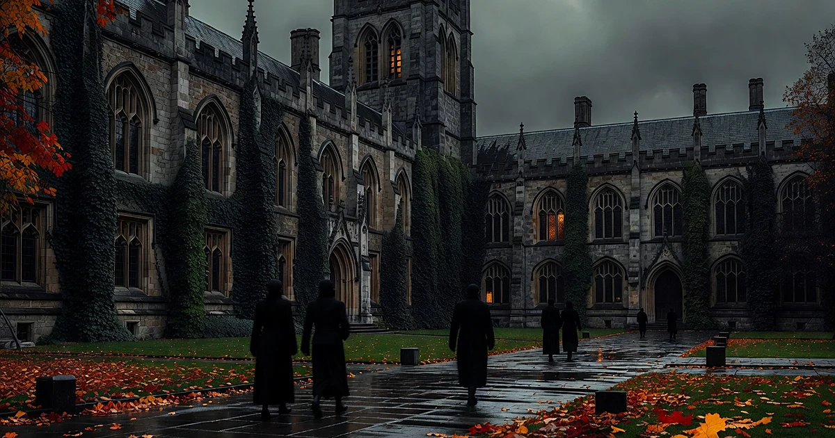 Silhouetted figures walking away from Gothic university building on overcast day with wet pathways and autumn leaves