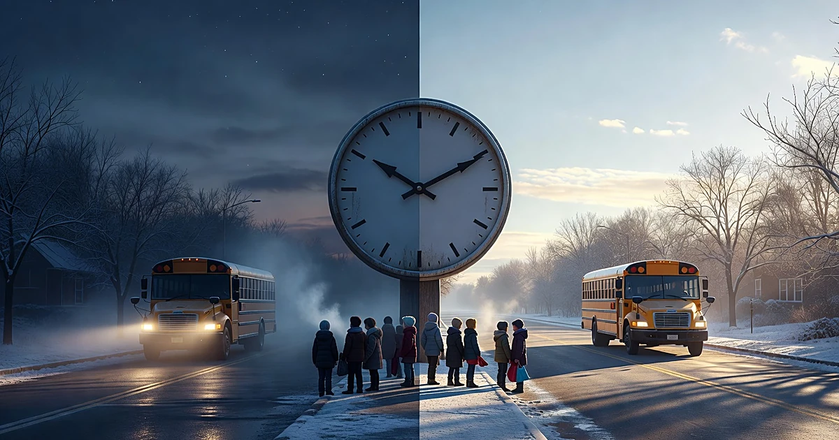 Split scene contrasting dark winter morning with children silhouettes at bus stop versus bright daylight street