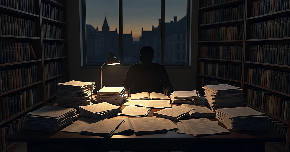 Silhouetted researcher at desk surrounded by stacks of academic papers and journals in shadowy office