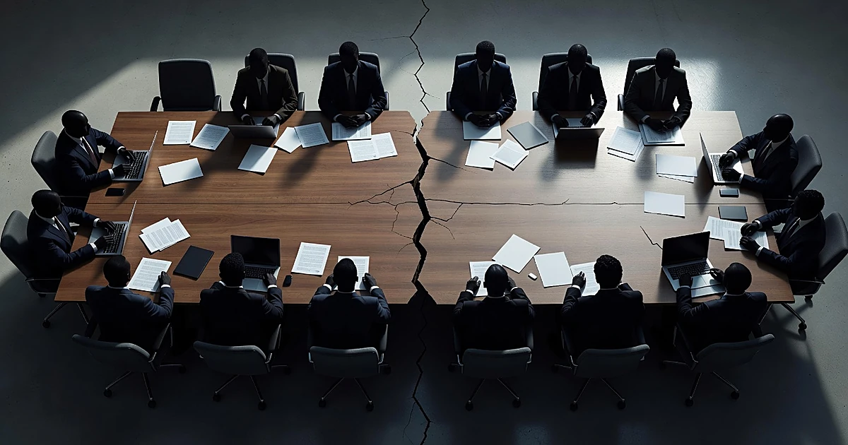 Overhead view of divided meeting table with silhouetted figures on opposite sides showing organizational fracture