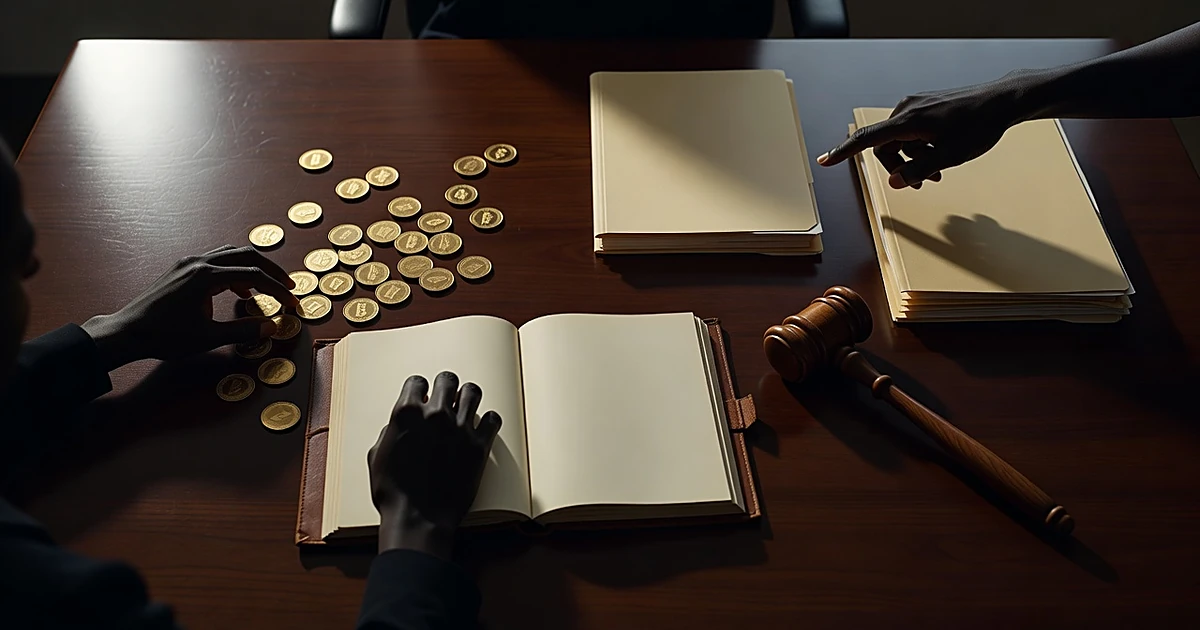 Silhouetted hands across desk with cryptocurrency coins, folders, and gavel suggesting congressional investigation