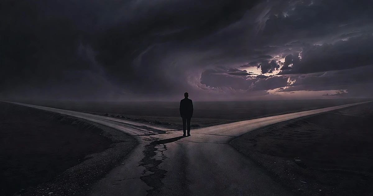 Silhouetted figure at fork in road with diverging paths under stormy twilight sky