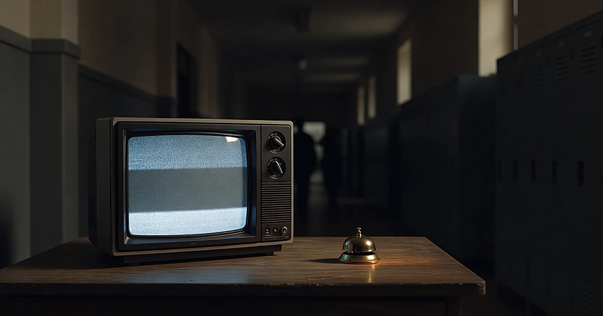 A 1990s television set glowing with static beside a desk bell, with shadowy school hallway in background