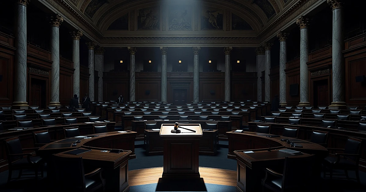 Empty congressional chamber with abandoned speaker's podium illuminated by single beam of light in shadowy interior
