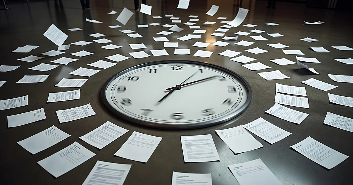Clock with blurred spinning hands surrounded by scattered blank billing forms illustrating impossible time billing