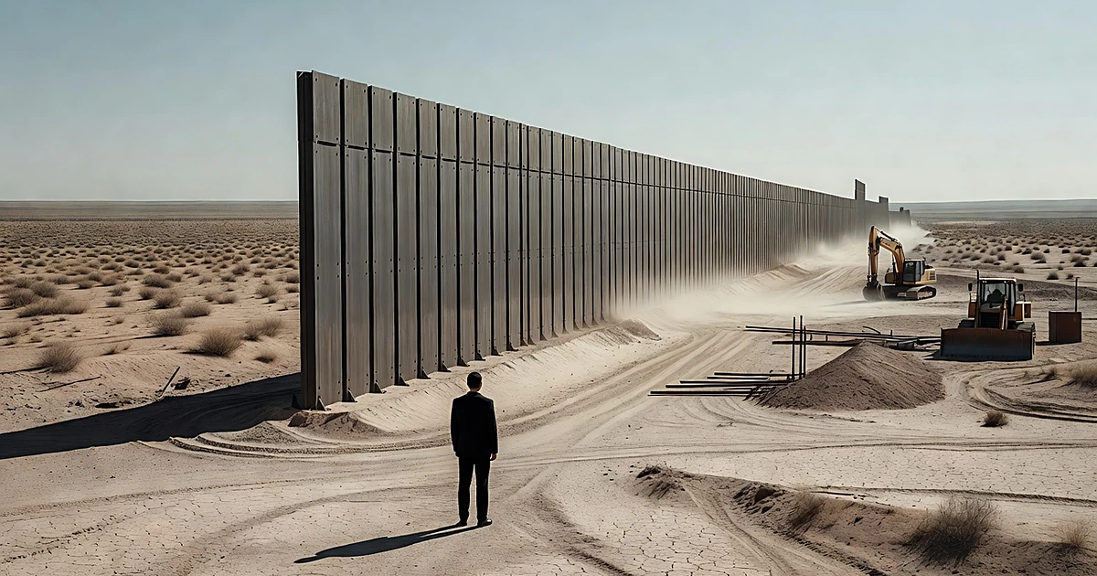 Silhouetted official viewing completed border wall section in Arizona desert with construction equipment nearby