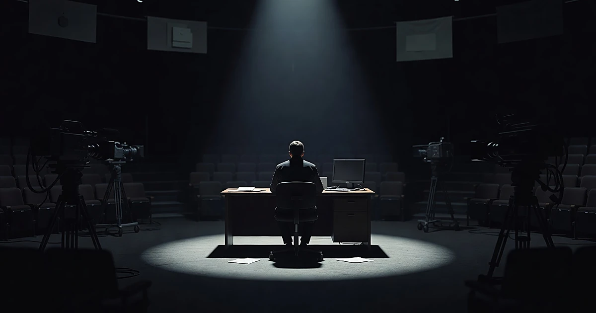 Silhouetted figure at desk on dimly lit television studio stage with empty seats and darkened equipment