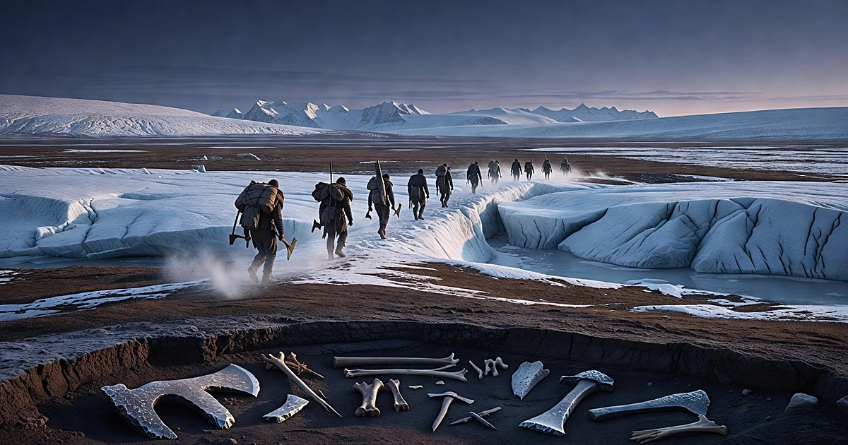 Silhouetted figures crossing ice-age land bridge with glaciers and archaeological artifacts in exposed earth layers