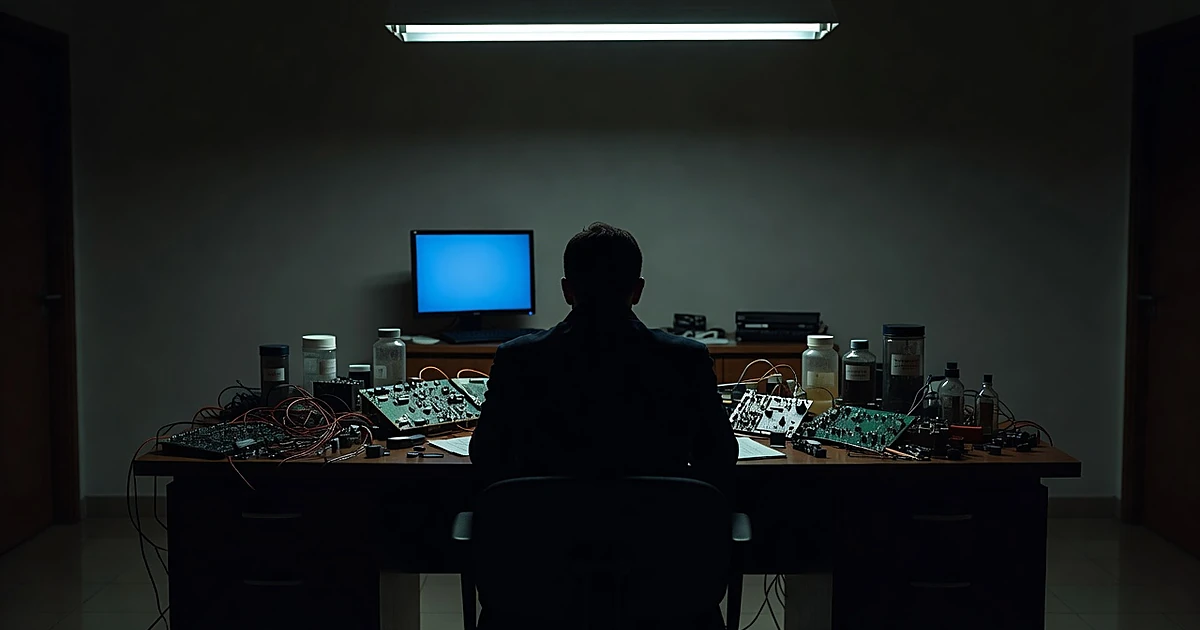 Silhouetted figure at desk with electronic components and chemical containers in dark government office