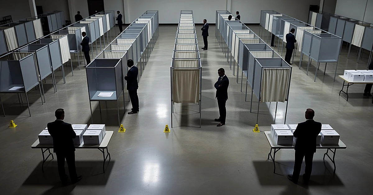 Overhead view of voting booths with silhouetted officials examining ballot boxes in institutional setting