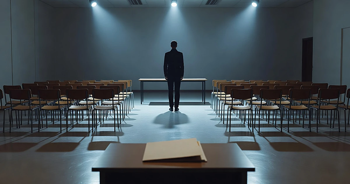Silhouetted parent figure stands in empty school auditorium with folder in foreground suggesting official documentation