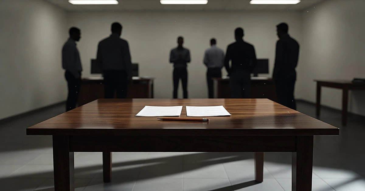 Two identical blank ballot papers on a table with silhouetted figures in background, suggesting voter confusion
