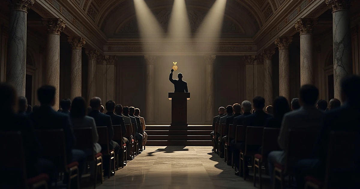 Silhouetted figure at podium holding medal aloft in columned room with audience seated facing stage