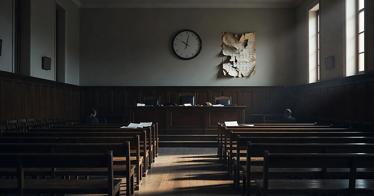 Empty courtroom with wooden benches, judge's bench, and clock showing the passage of time in dramatic lighting