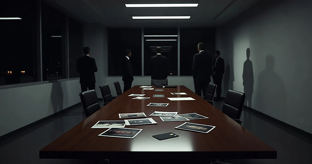 Dark office with silhouetted figures and scattered photos with credit card on conference table