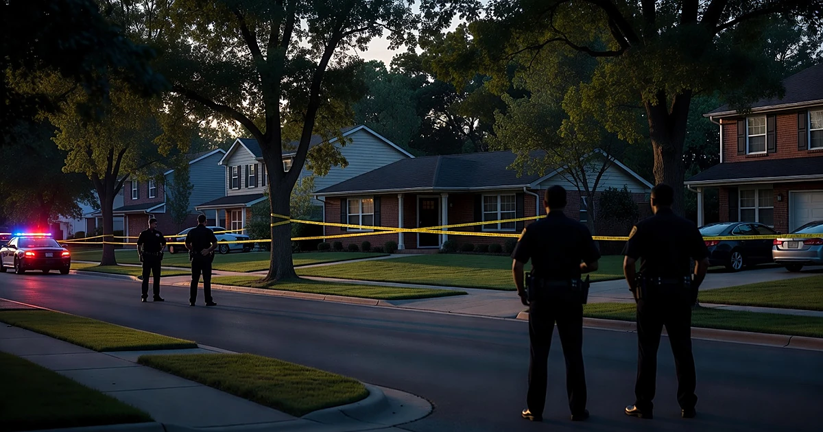 Emergency lights illuminate a suburban home with crime scene tape as law enforcement silhouettes stand outside at dusk