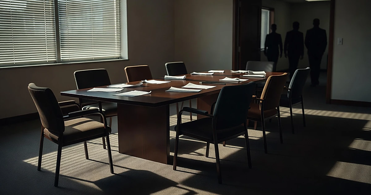 Empty office with scattered papers and vacant chairs, two silhouetted figures departing through distant doorway