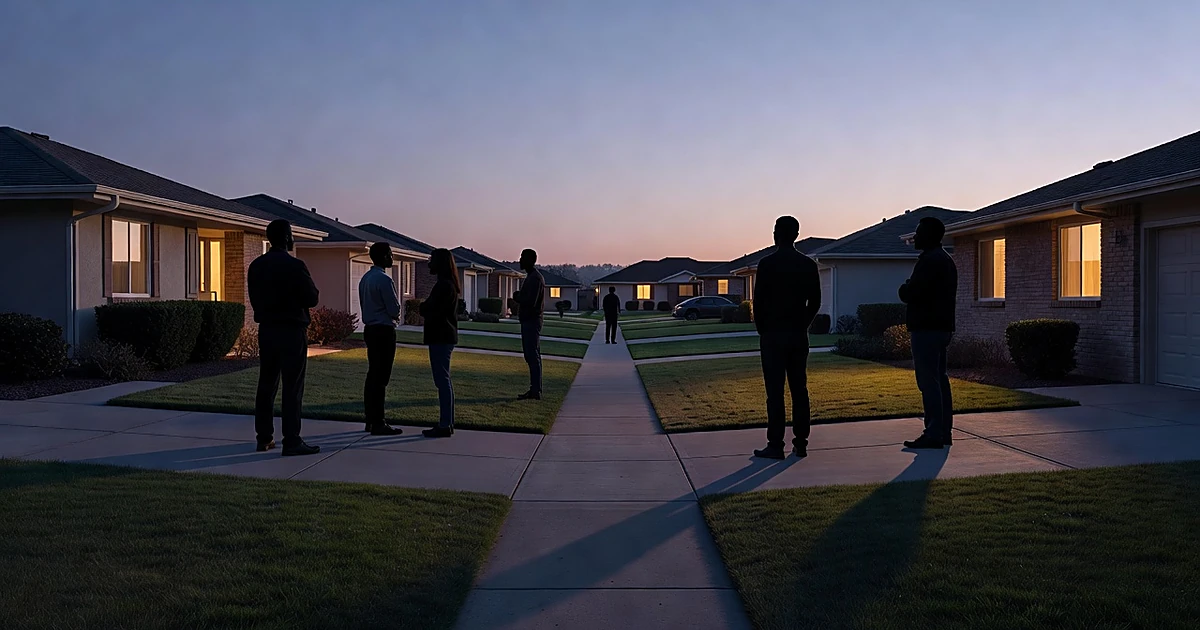 Silhouettes of suburban residents standing watchfully in their yards at dusk on a quiet residential street