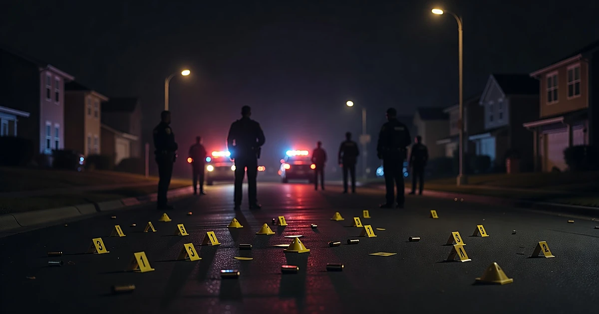 Night crime scene with evidence markers on suburban street lit by emergency vehicle lights and silhouetted officers