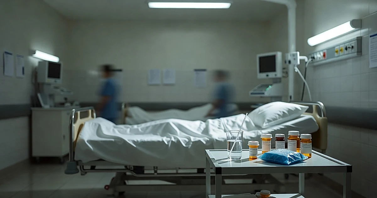 Hospital recovery room with glass and straw on bedside table next to ice pack and medicine bottles