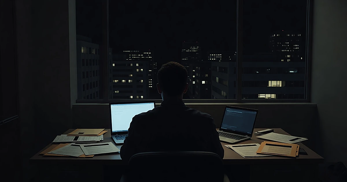 Silhouetted figure at desk with laptop and classified folders in dark government office at night