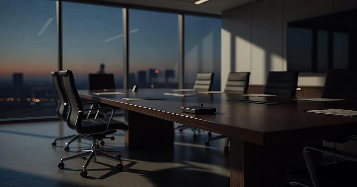 Hidden recording device concealed under conference table in modern corporate meeting room with dramatic lighting