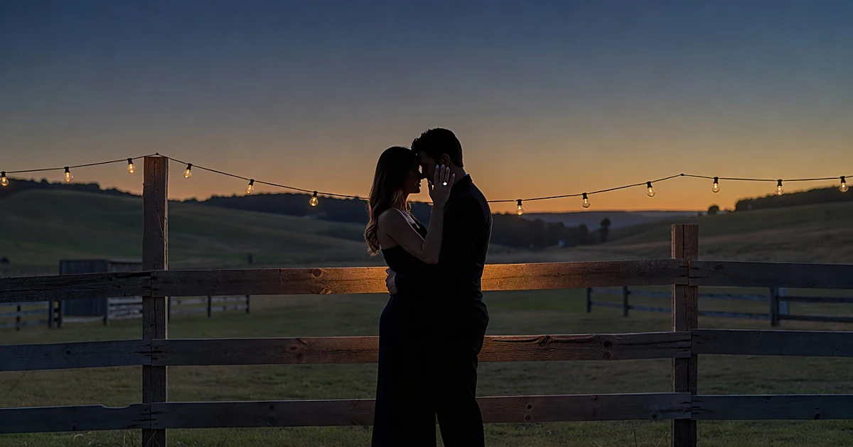Silhouetted couple with engagement ring visible against golden sunset in rural countryside setting
