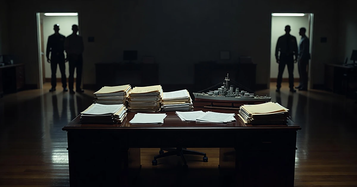 Silhouetted figures in doorways of an office with documents and a naval ship model on a desk in dramatic lighting