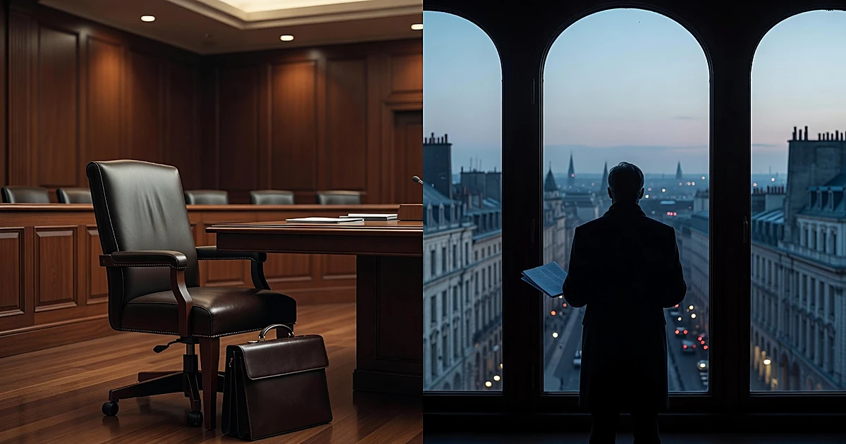 Empty hearing chair in government chamber contrasted with silhouette at European window, suggesting unavailability