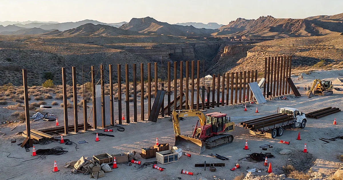 Incomplete border wall construction halted in remote Texas desert with idle equipment and mountainous terrain