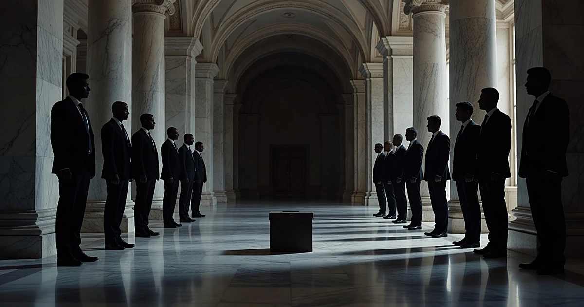 Silhouetted figures stand divided across a government building corridor with an isolated ballot box in the center