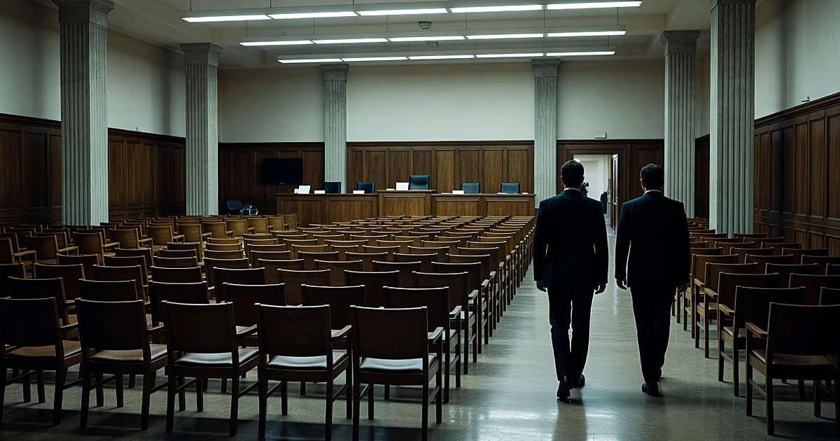 Two silhouetted figures in suits walk away from empty congressional hearing room chairs and panel desk