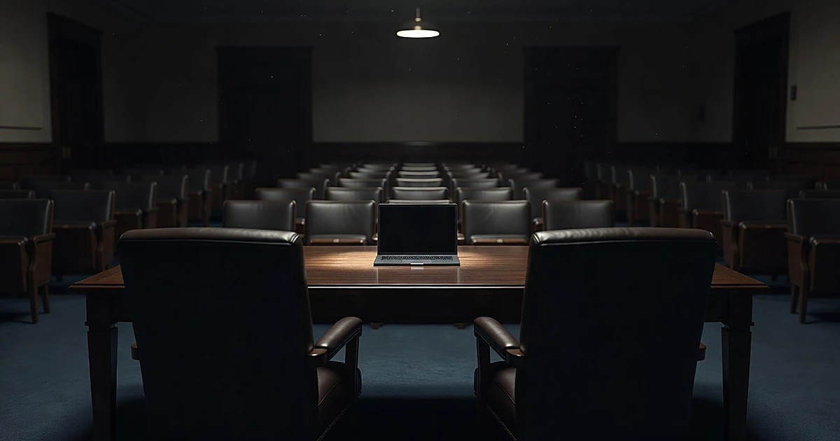 Empty congressional hearing room with laptop on witness table, chairs facing darkened chamber