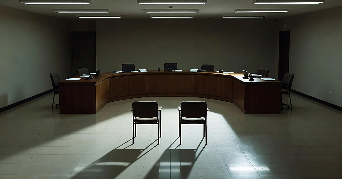 Empty chairs before a committee desk in a government hearing room with dramatic shadows